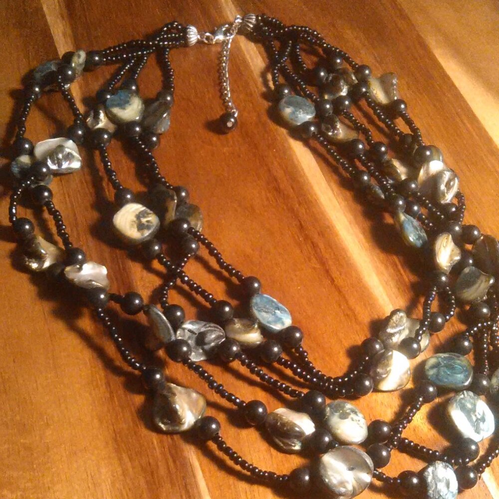 Genuine Shell Pieces and Black Beaded Multi-Strand Necklace (18 to 21 Inch)